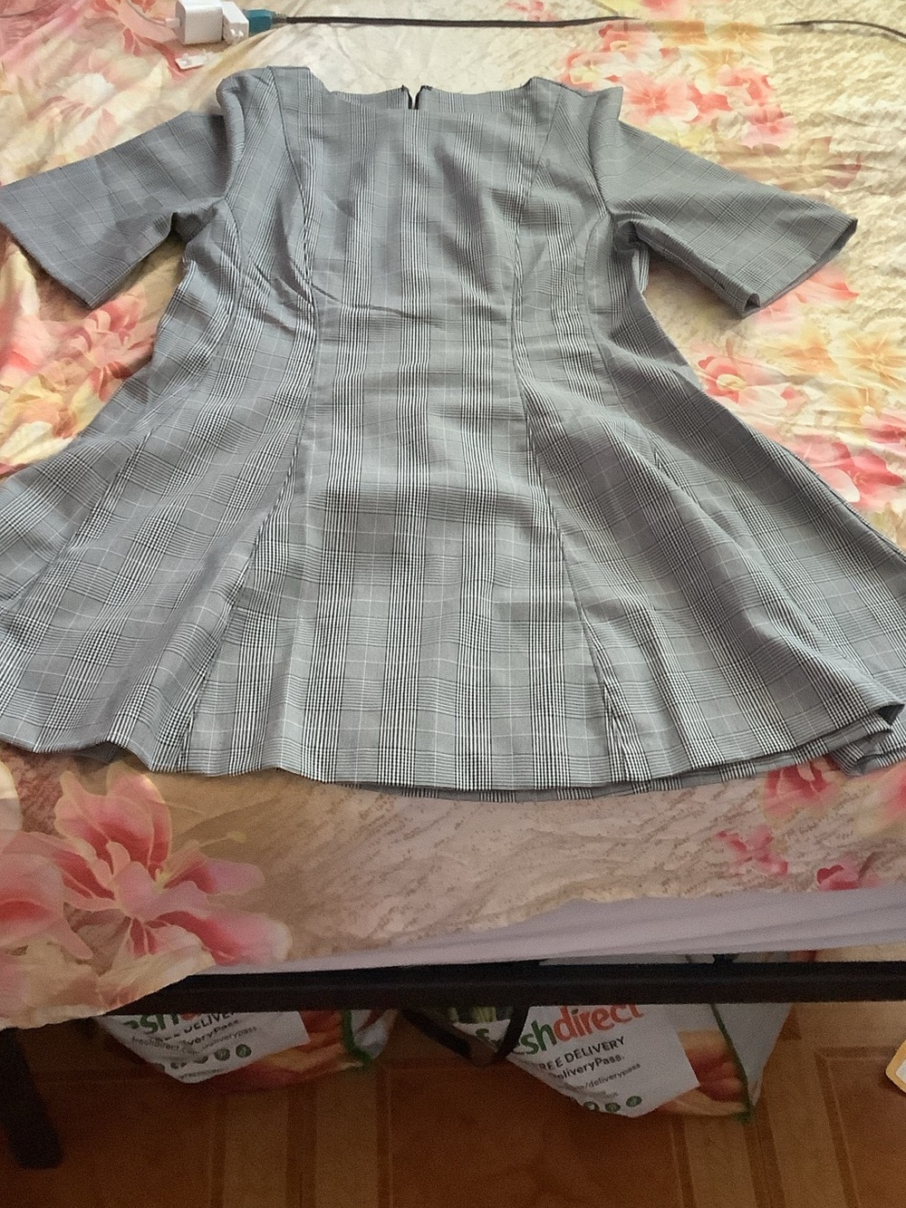 H&M Gray Plaid Long-Sleeve Fit-and-Flare Dress